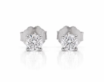 Natural Diamond Stud Earrings 14K White Gold, Round Diamond Studs, Bridal Anniversary Gift for Her