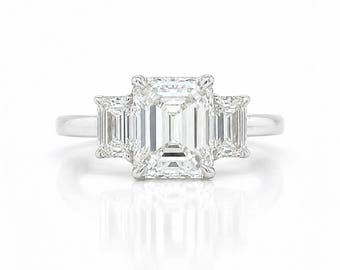 3.24ct Emerald Cut Diamond 3 Stone Ring 18K White Gold | I VS Natural Diamond Art Deco Engagement Ring