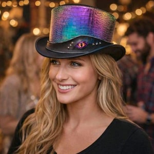May include: A top hat with a black brim and a textured, iridescent crown in shades of purple, blue, and green. The hat features an eye-shaped embellishment and small studs. The hat is worn by a person with blonde hair.