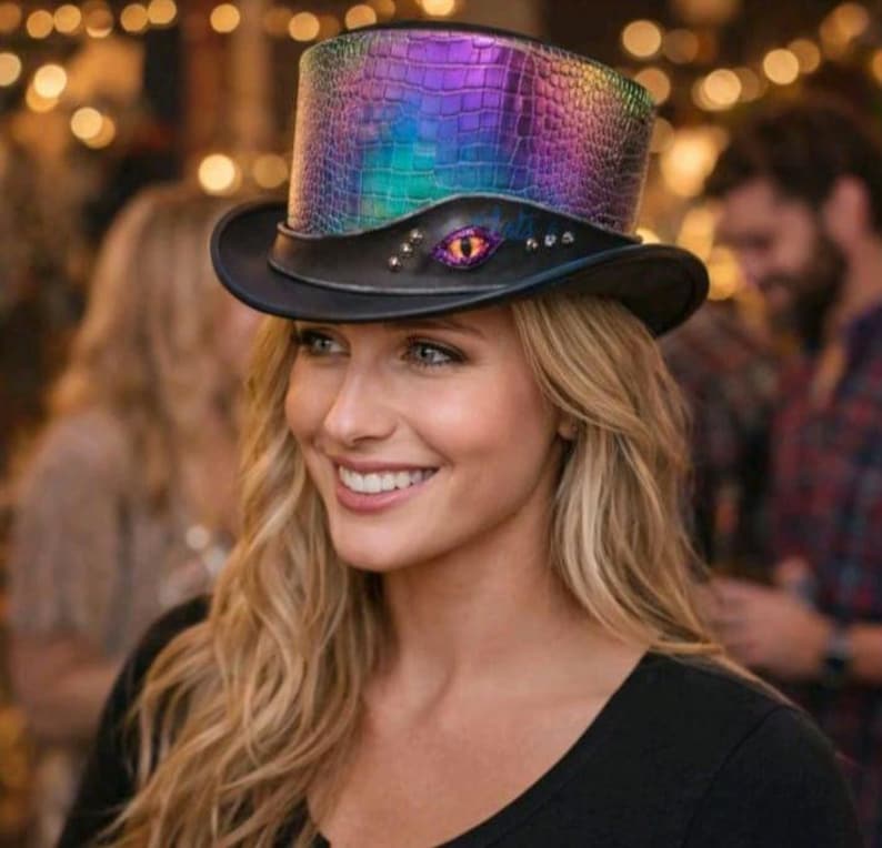 May include: A top hat with a black brim and a textured, iridescent crown in shades of purple, blue, and green. The hat features an eye-shaped embellishment and small studs. The hat is worn by a person with blonde hair.