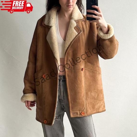 Handmade Shearling Sheepskin Coat: Vintage Brown Suede Leather