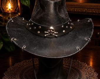 Black Pirate Leather Hat Skull Buccaneer Headwear Gothic Festival Accessory Handmade Cosplay Costume