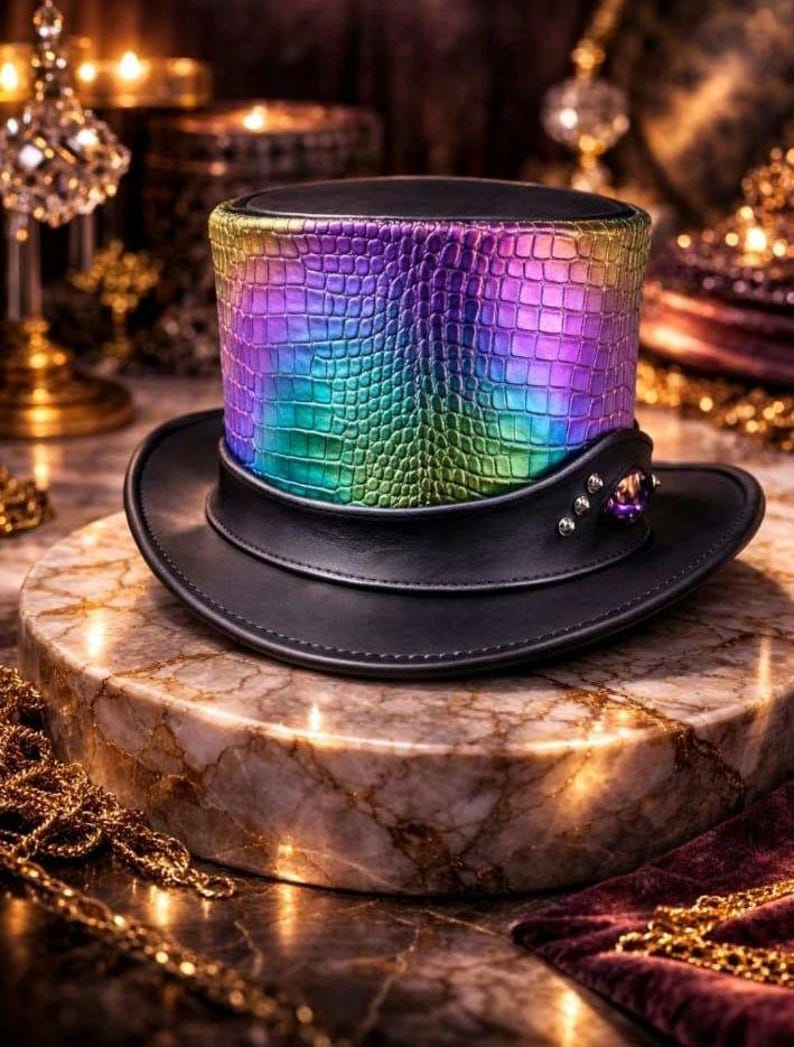 May include: A black top hat with a band featuring a colourful, iridescent, crocodile-textured pattern. The hat has a black brim and is decorated with small silver studs and a purple gem. It is displayed on a marble surface.