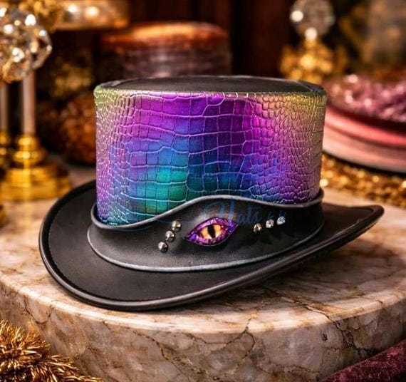 Iridescent Crocodile Leather Top Hat Gothic Steampunk Hat with Dragon Eye Band