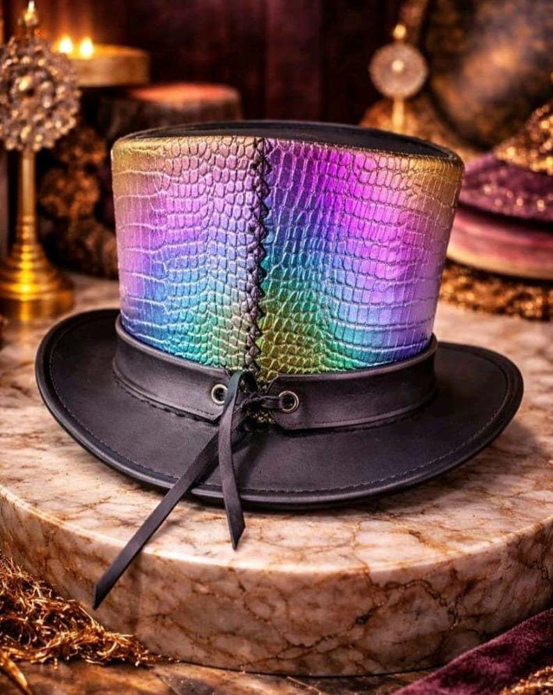 May include: A black top hat with a rainbow-coloured, textured crown. The crown has a reptile-like pattern and is stitched down the back. The hat has a black brim and a black band around the crown. Black ribbons hang from the side.