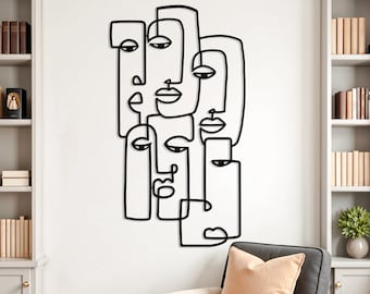 Arte de pared de metal inspirado en Picasso, decoración de arte lineal con rostros abstractos
