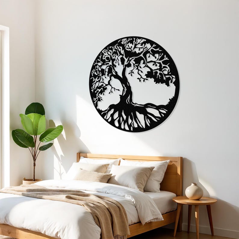 May include: Black metal wall art depicting a tree of life with intricate branches and roots. The tree is set against a white background and is displayed in a bedroom setting.