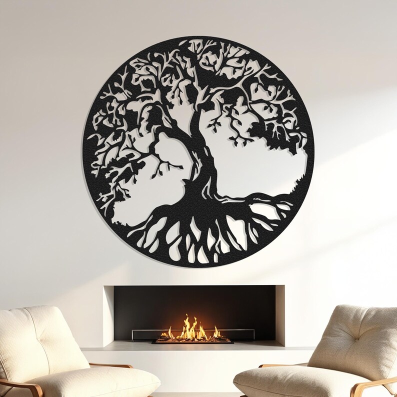 May include: Black metal wall art depicting a tree of life with intricate branches and roots. The tree is set against a white background and is displayed above a fireplace.