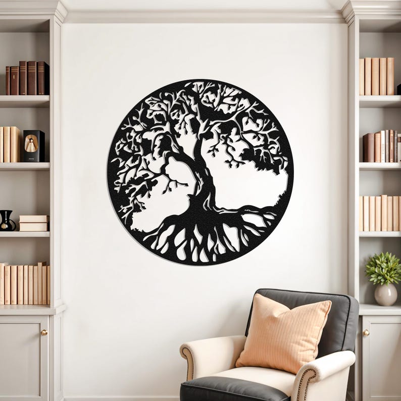 May include: Black and white wall art featuring a tree of life design. The tree has a thick trunk and branches with intricate roots. The design is circular and has a minimalist style.
