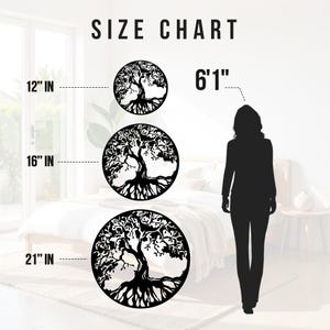 May include: Size chart for a tree of life wall decor. The chart shows three sizes: 12 inches, 16 inches, and 21 inches. A silhouette of a person is shown next to the chart for scale, standing 6'1" tall.