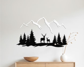 Arte mural de metal con montañas y bosques: escena de ciervos, decoración moderna para el hogar, regalo de Navidad