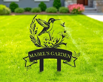 Letrero de jardín personalizado con estacas de colibrí, colibrí de metal, letrero con nombre personalizado, decoración de jardín, regalo para mamá, arte de jardín