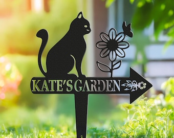 Letrero metálico personalizado para jardín con diseño de gato, placa conmemorativa personalizada para mascotas, decoración rústica para el jardín.