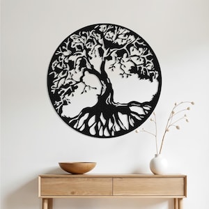 May include: Black and white wall art featuring a tree of life design. The tree has intricate branches and roots, and is set against a white background.