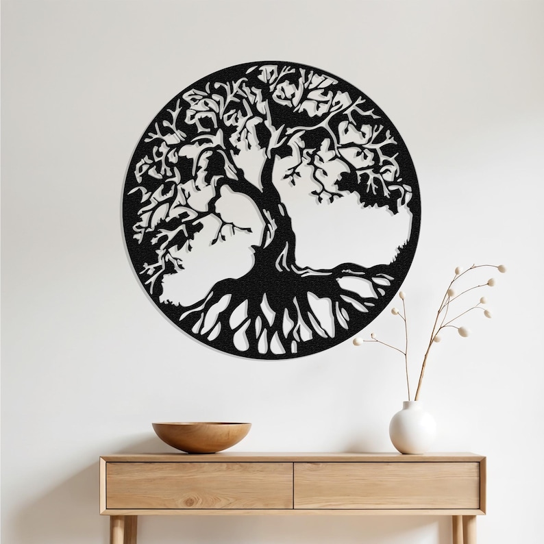 May include: Black and white wall art featuring a tree of life design. The tree has intricate branches and roots, and is set against a white background.