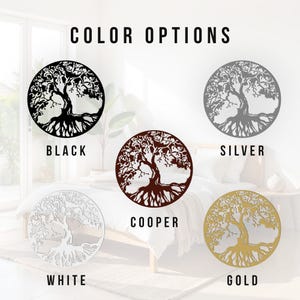 May include: Four different color options for a tree of life wall decor. The colors are black, silver, copper, and gold.