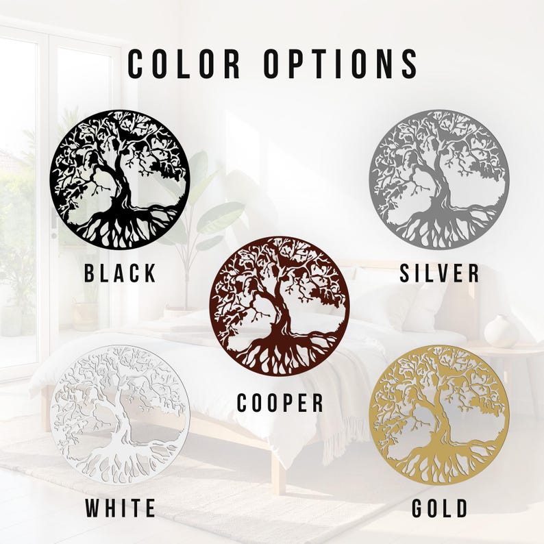 May include: Four different color options for a tree of life wall decor. The colors are black, silver, copper, and gold.