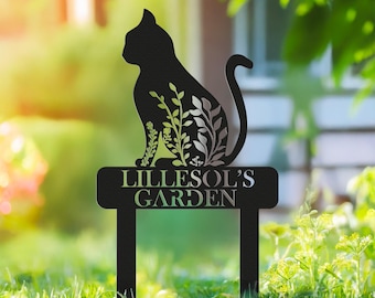 Estaca de jardín con diseño floral de gato personalizada, letrero metálico personalizado