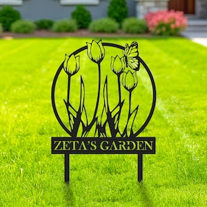 Custom Tulip Flowers Metal Garden Sign, Personalized Metal Yard Art, Garden Stakes, Gardener Gift, Garden Name Decor, Outdoor Metal Sign