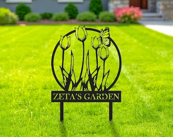 Cartello da giardino in metallo con tulipano personalizzato: arte da giardino personalizzata per esterni
