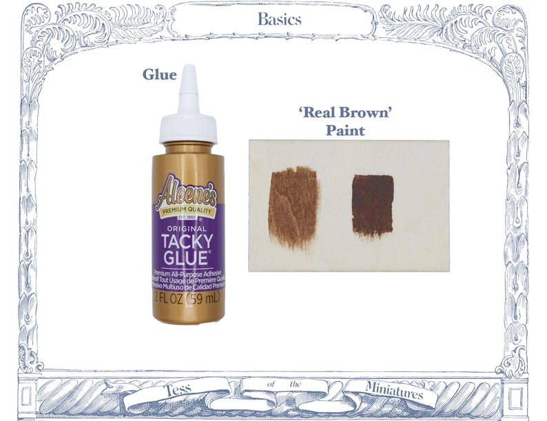 May include: A gold bottle of Aleene's Original Tacky Glue with a white cap, labeled 2 FL OZ (59 mL), positioned next to a rectangular swatch card displaying two distinct brown paint strokes labeled as 'Real Brown' Paint.