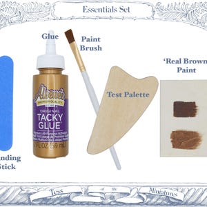 May include: An essentials set for miniatures including a blue sanding stick, a bottle of Aleene's Original Tacky Glue, a paint brush with a white handle, a wooden test palette, and a rectangular card showing two swatches of real brown paint.