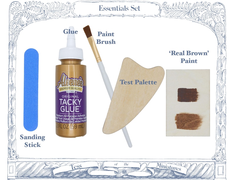May include: An essentials set for miniatures including a blue sanding stick, a bottle of Aleene's Original Tacky Glue, a paint brush with a white handle, a wooden test palette, and a rectangular card showing two swatches of real brown paint.