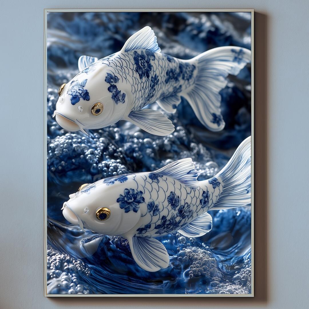 Porcelain Koi Fish Art Set Blue White Ceramic Digital Prints Asian
