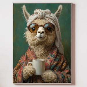 Funny Llama Wall Art - Cozy Digital Print with Glasses & Bathrobe - Instant Download Animal Poster