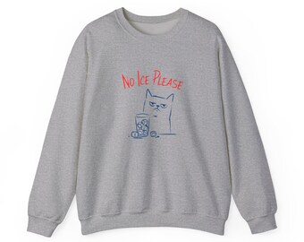 Sin hielo - Sudadera con ilustración de gato / gato gruñón, arte lineal, juego de palabras con bebida