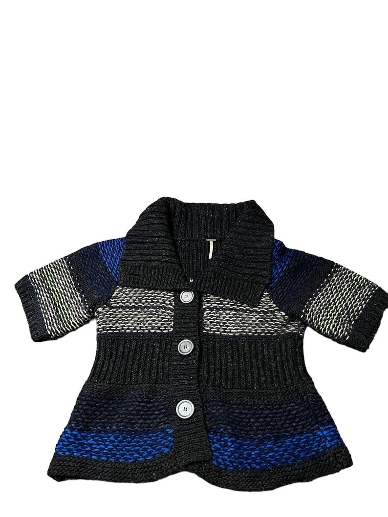 Sweter kardigan Free People z dekoltem w serek, szaro-niebieski, limonkowy, w paski, rozmiar XS zdjęcie 1