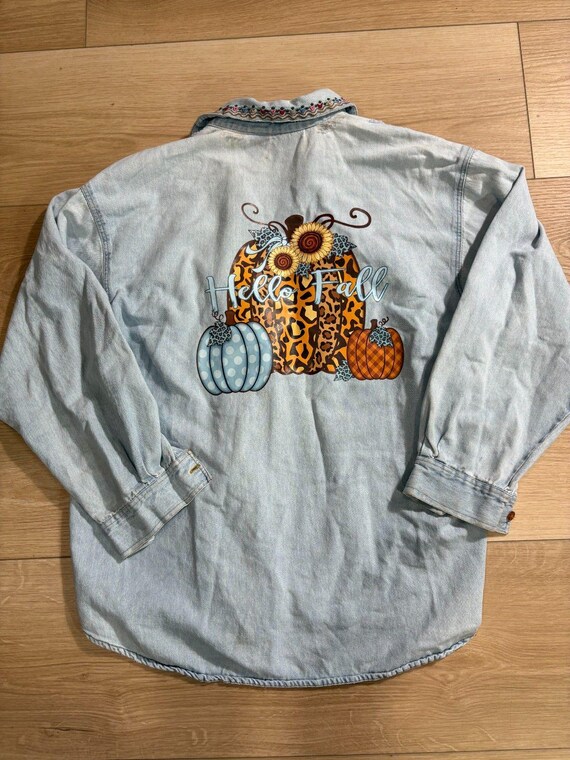 CUSTOMCapacity Denim Button Down Hello Fall Pumpk… - image 1