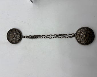 Antique Style Bronze Flower Medallion Cape Clasp Double Chain Sweater Clip 8"