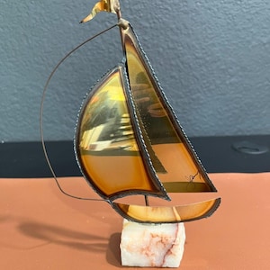 Vintage MCM Demott Brass Sailboat Sculpture On Onyx 9 inch