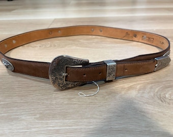 Vintage 1994 Dan Dee Brown Leather Western Concho Belt Bull Head Longhorn 42