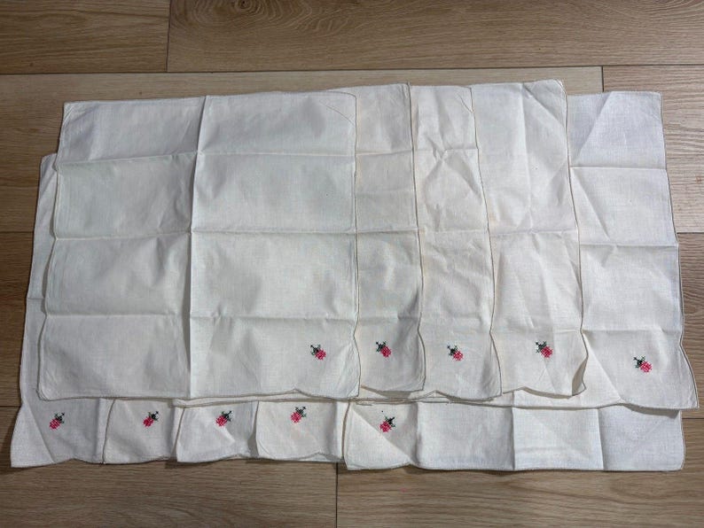 SET of 10 Vintage 100% Cotton Napkins Ladybug Cross Stitch Edge 16" x 16" image 1
