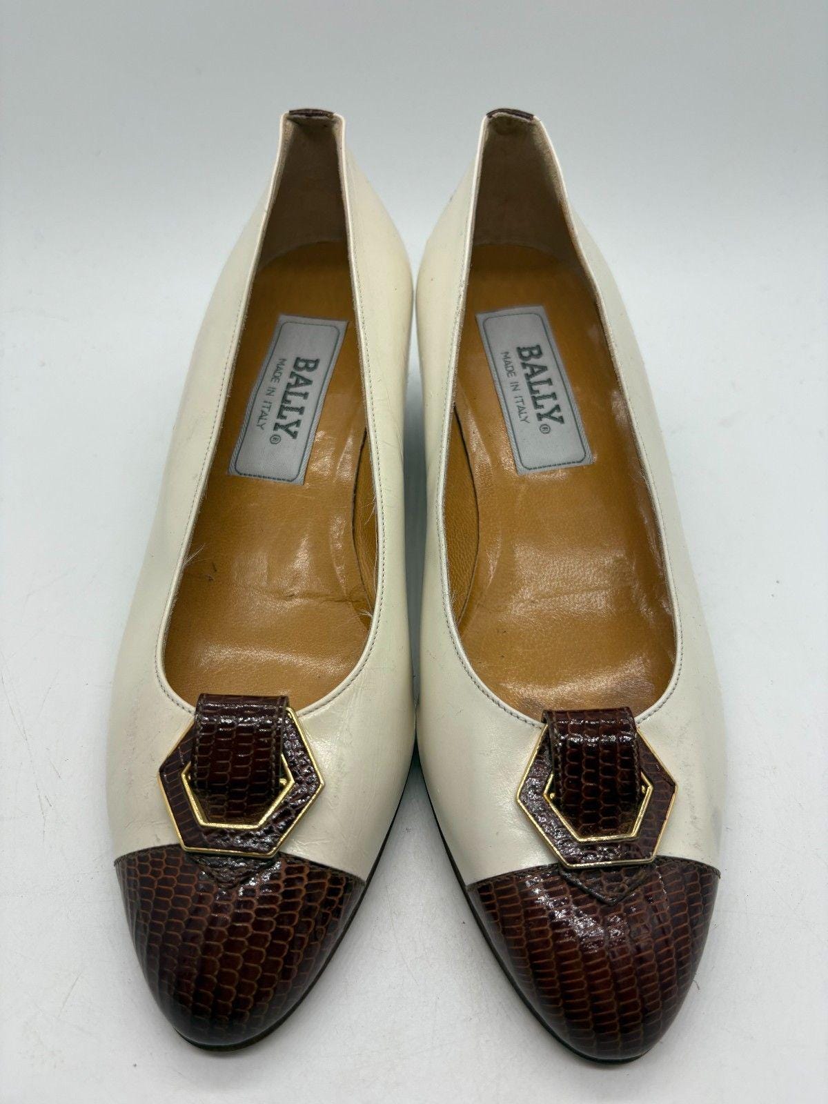 Vintage BALLY Made in Italy Cream Leather Brown Lizard Pumps 