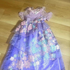 Puede incluir: Un vestido morado en capas con detalles florales. El vestido presenta una capa transparente con flores bordadas en tonos rosa y azul. El corpiño es de un morado más claro con mangas con volantes, creando un look caprichoso. Ideal para disfraces o eventos temáticos.