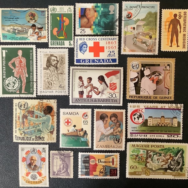 18 MEDICAL MEDICINE Vintage Postage Stamps Doctors Nurses hospitals collage art journals scrapbooks stamp album philately 16h