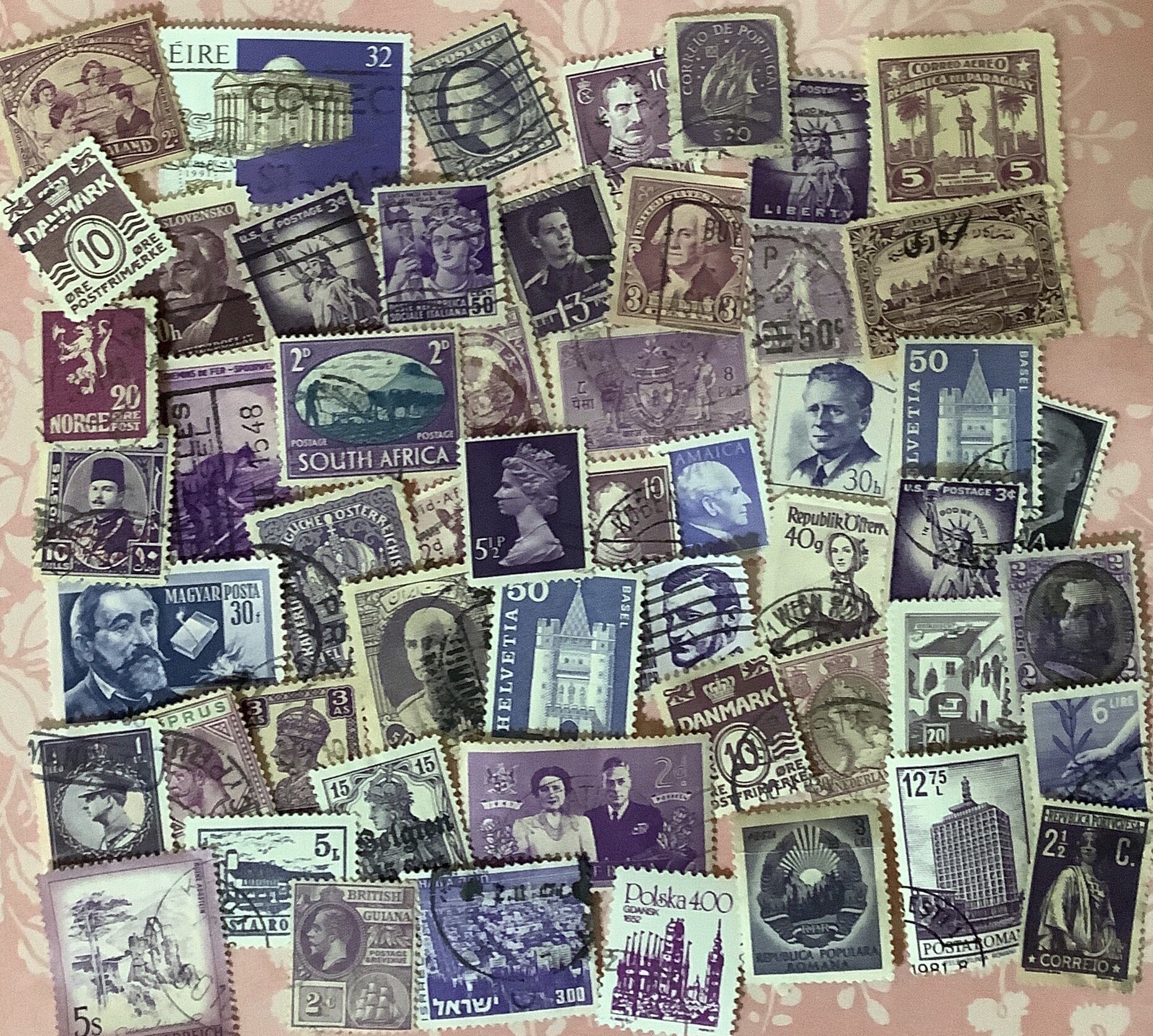 50 MAROON DARK RED Used World Postage Stamps for Crafting Collage