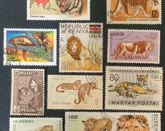 10 WILD TIGERS LIONS Vintage Postage Stamps for crafting collage scrapbooks stamp collecting philately wild cats Asian Tigers 9b