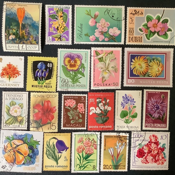 20 FLOWERS Vintage Postage Stamps crocus lilies iris collage altered art journals scrapbooks philately stamp albums 47g