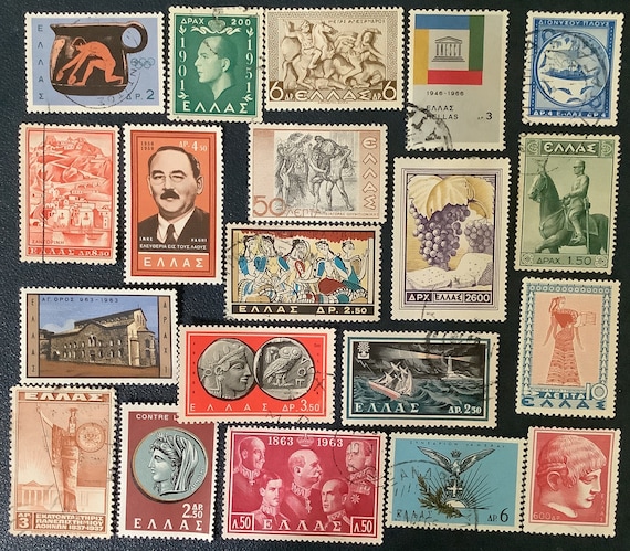 20 GREECE GREEK Collector Set Vintage Postage Stamps Ruins Landscapes  Statues Crafts Collage Ephemera Altered Art Philately Stamp Albums 1f 