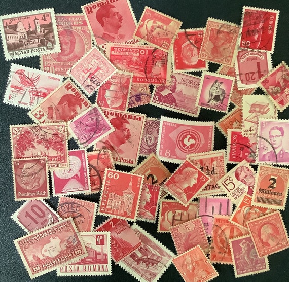 50 Pink Rose Used World Postage Stamps for Crafting, Collage