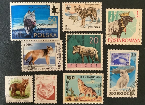 9 Coyotes Wolves Vintage Postage Stamps for Crafting Collage