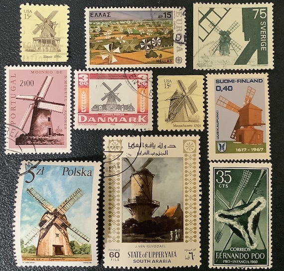 10 WINDMILLS Vintage Postage Stamps for Crafting Collage Altered