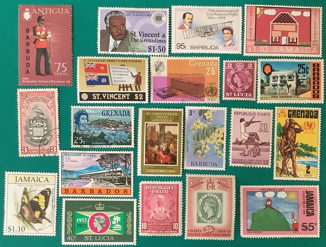 20 CARIBBEAN Countries Vintage Postage Stamps Collector Set Crafting