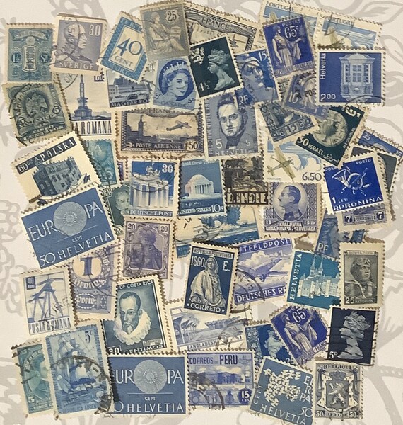 50 SHADES of BLUE Used World Postage Stamps for Crafting, Collage