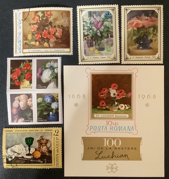 9 FLOWER Floral Arrangements Vintage Postage Stamps for Crafting