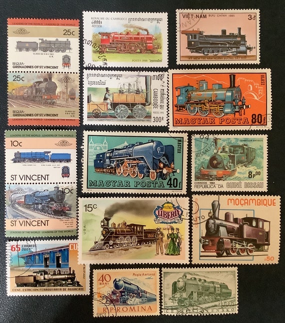 15 STEAM TRAINS Locomotives Postage Stamps for Crafting Collage